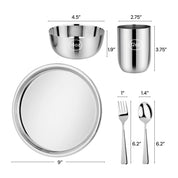 The measurements for the Purposeful Portions Set: 9 inch stainless steel plate, 14 ounce bowl that is 4.5 inches wide and 1.9 inches tall, 12 ounce cup that is 2.75 inches wide at the opening and 3.75 inches tall, fork that is 1 inches wide and 6.2 inches tall, and spoon that is 1.4 inches wide and 6.2 inches tall. 