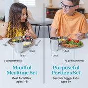 Two children with different stainless steel mealtime sets showing the different sizes. The Mindful Mealtime Set in silver color (for kids ages 1 - 5 years) is on the left-side, includes a divided plate, 8 ounce bowl, 8 ounce cup, fork, and spoon. The Purposeful Portions Set in silver color (for bigger kids ages 5 years and up) is on the right-side, includes a 9 inch round plate, 12 ounce cup, 14 ounce bowl, fork, and spoon. Shiny and reflective dishes that kids love and they look beautiful in your kitchen