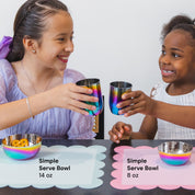 Shows the size comparison between 12 ounce Conscious Cup from the Purposeful Portions Set and the 8 ounce Conscious Cup from the Mindful Mealtime Set - as well as the 14 ounce Simple Serve Bowl from the Purposeful Portions Set and the 8 ounce Simple Serve Bowl from the Mindful Mealtime Set.