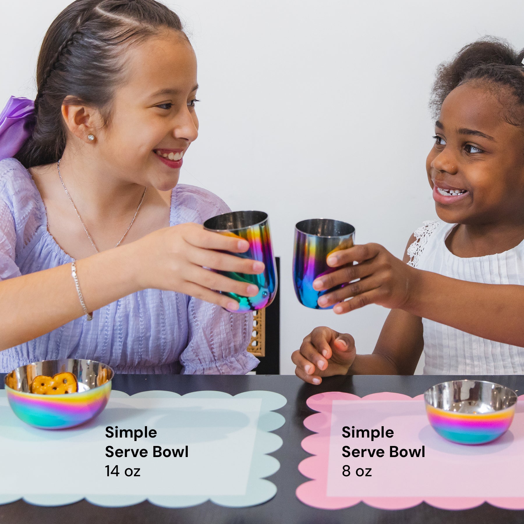 Shows the size comparison between 12 ounce Conscious Cup from the Purposeful Portions Set and the 8 ounce Conscious Cup from the Mindful Mealtime Set - as well as the 14 ounce Simple Serve Bowl from the Purposeful Portions Set and the 8 ounce Simple Serve Bowl from the Mindful Mealtime Set.