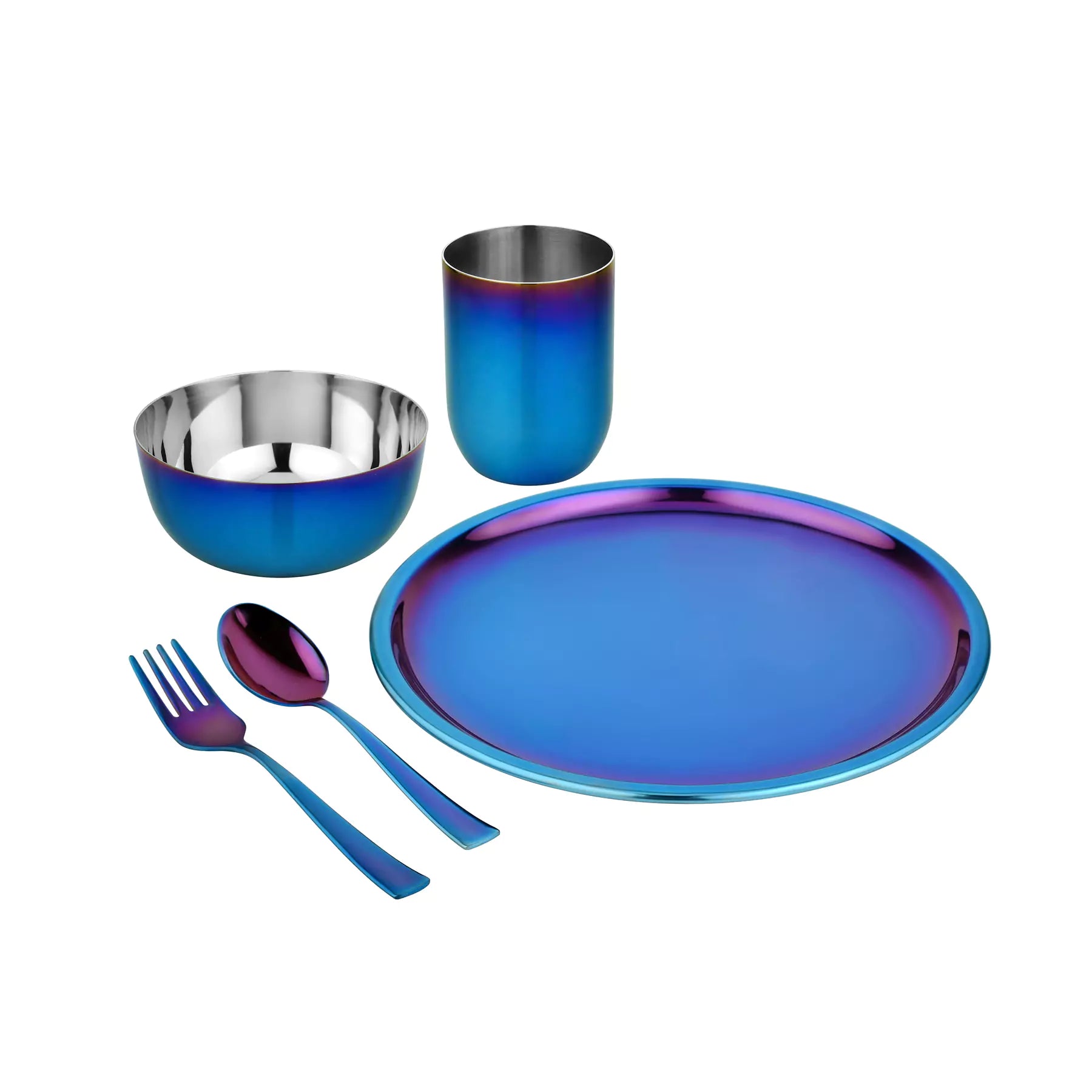 Blue Purposeful Portions Set - includes stainless steel 9 inch plate, 14 ounce stainless steel bowl, 12 ounce stainless steel cup, fork, and spoon