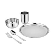 Classic or silver Purposeful Portions Set - an all stainless steel mealtime set that includes a 9 inch round plate, 12 ounce cup, 14 ounce bowl, fork, and spoon - perfect for bigger kids