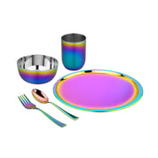 Rainbow stainless steel Purposeful Portions Set which includes 9 inch round plate, 12 ounce stainless steel cup, 14 ounce round stainless steel bowl, fork, and spoon